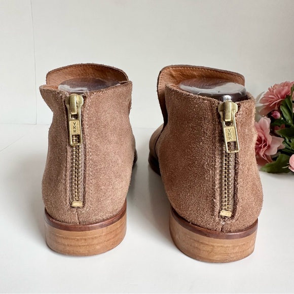 House of Harlow 1960 Camel Suede Leather Gold Zip Stacked Heel Low Booties - Picture 9 of 16